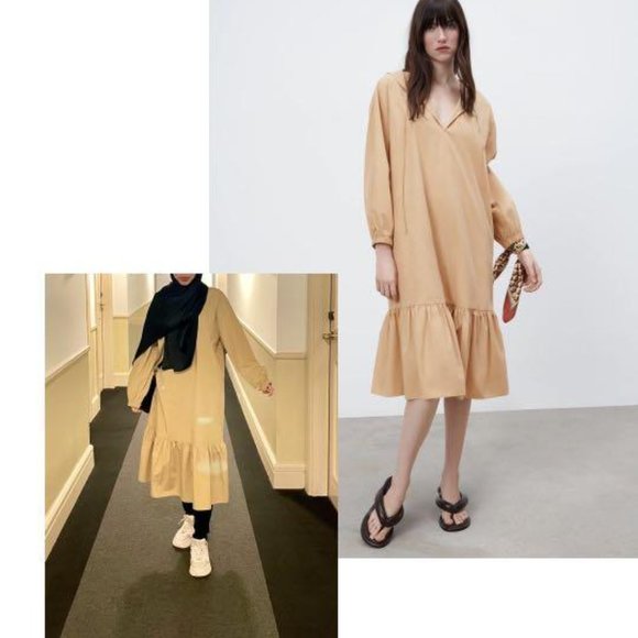 Zara Beige Poplin Hooded Large Midi Dress with V-neckline - Picture 6 of 9